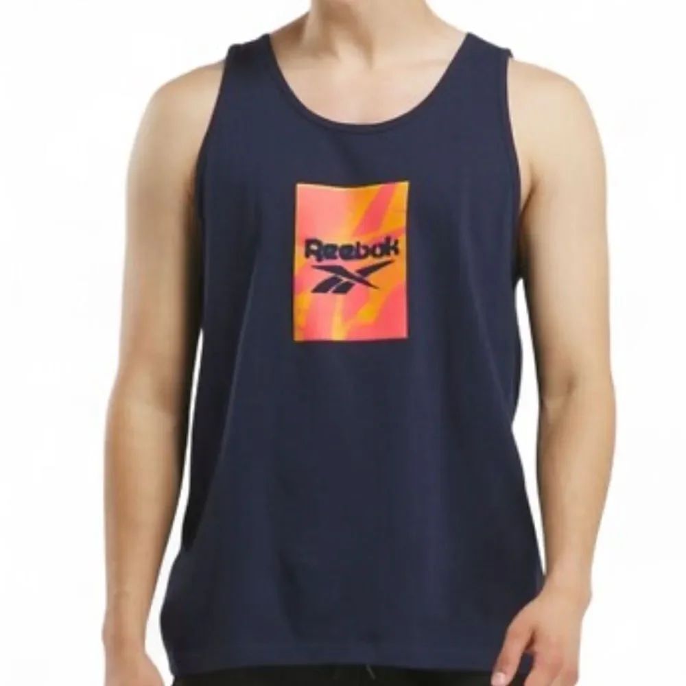 Reebok Men's Navy and Pink Graphic Tank Top